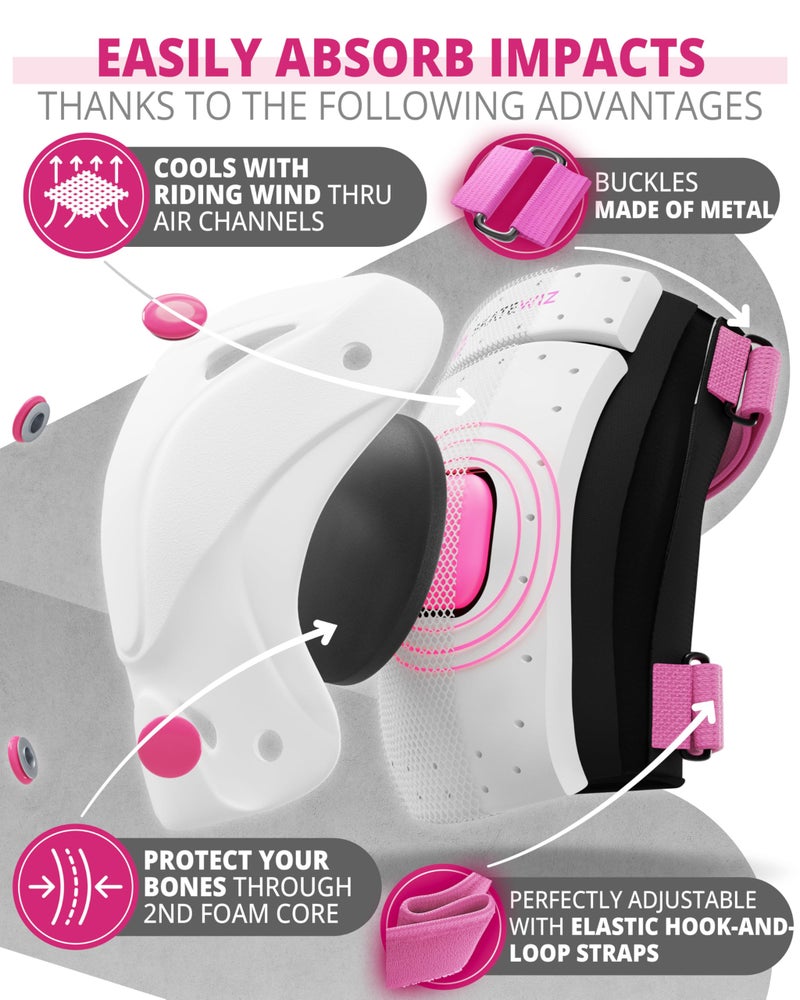 SKATEWIZ Knee Pads for Kids - Knee and Elbow Pads Set - PROTECT-1 - Size S Pink White - Wrist Guards Skating Protective Gear, Skateboard, Roller Skate, Ice Skates For Kids - Image 3